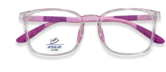 Montura infantil Cuadrada — transparente con rosado y morado (filtro luz azul)